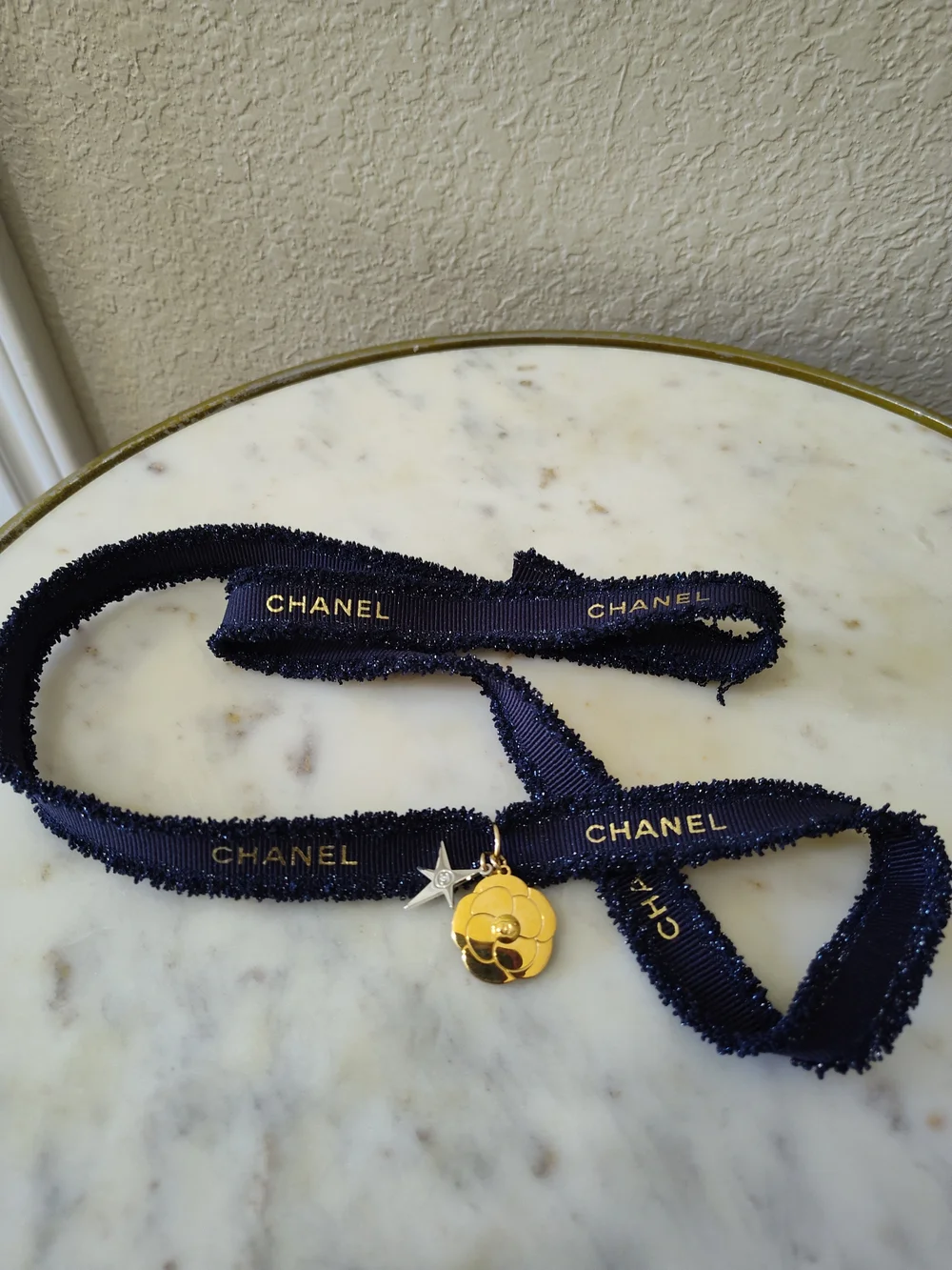 CHANEL 38" Navy Gold Logo Frayed Boutique Ribbon w Limited Edition Charm - Picture 1 of 4